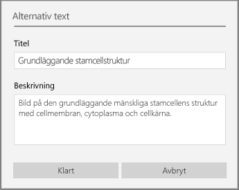 Dialogrutan Alternativtext för att lägga till alternativtext i OneNote för Windows 10.
