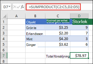 Exempel på funktionen PRODUKTSUMMA som används för att returnera summan av sålda artiklar när den angivna enhetskostnaden och antalet har angetts.
