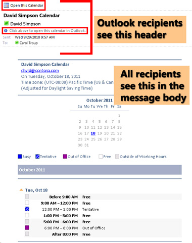 Exempel på kalender som tagits emot med funktionen Skicka kalender med e-post