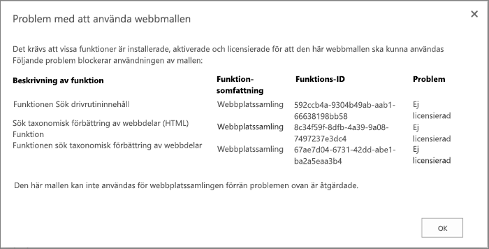 Skärmbild av ett felmeddelande som visar ett fel som kan uppstå om ej tillgängliga funktioner gör så att du inte kan skapa webbplatser i SharePoint Online.