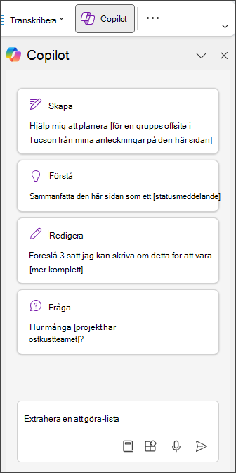 Skriv Extrahera att göra-lista i Copilot-fönstret i OneNote