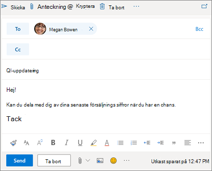 Skriva ett nytt e-postmeddelande i Outlook på webben