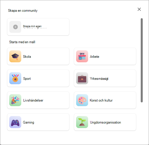 Skärmbild av knapparna för att skapa en community med eller utan en mall i Communities i Microsoft Teams (kostnadsfritt).