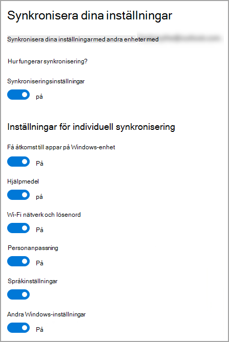 Synkroniseringsinställningar i Windows 10 Inställningar.
