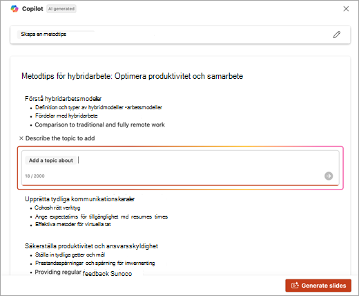 Skärmbild av platsen där du kan ange beskrivningen för det ämne som lades till när du använde PowerPoint Copilot.