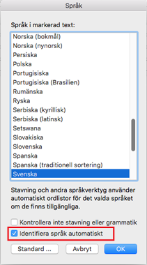 Inställningen Identifiera språk automatiskt i Outlook 2016 för Mac