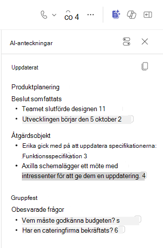 AI-anteckningar fylls i i en Teams-chatt