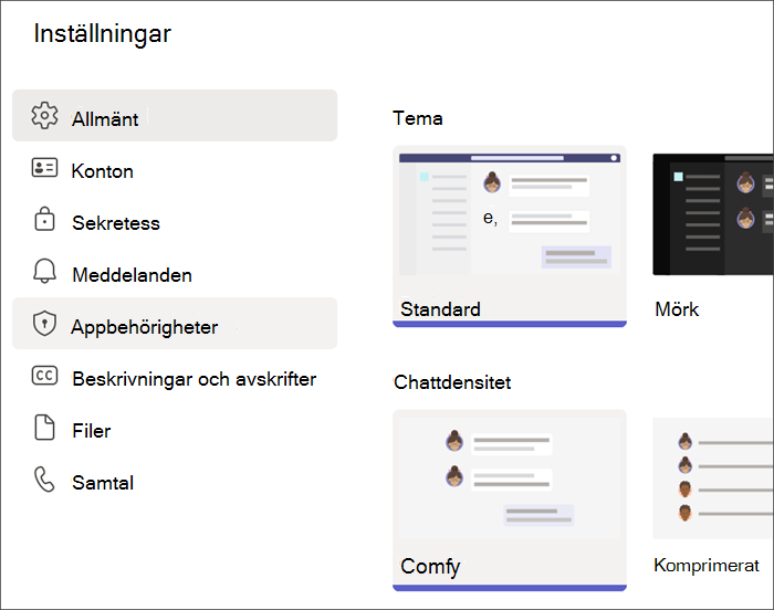 Skärmbild av Teams-inställningar från en elevprofil. Appbehörigheter är markerade.