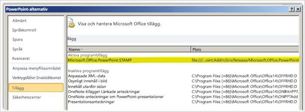 PowerPoint Options, Add Ins screen with STAMP add in highlighted