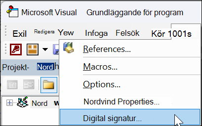 Fönstret Microsoft Visual Basic for Applications med alternativet Digital signatur markerat på en nedrullningsbar meny.