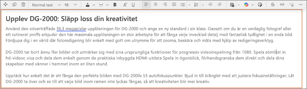 Efter – exempel på att använda justera ton med Copilot i SharePoint RTF-redigeraren