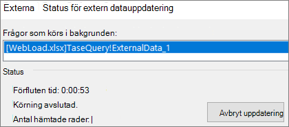 Dialogrutan Status för extern datauppdatering