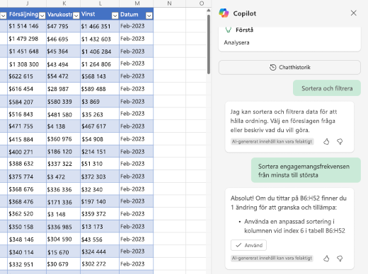 Skärmbild av hur du sorterar data med Copilot i Excel.