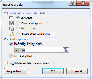 Dialogrutan Importera data i Excel