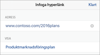 Dialogrutan Infoga hyperlänk med fälten ADRESS och VISA.