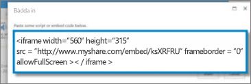 Skärm bild av <iframe> inbäddnings kod för en video som kopierats från en video delnings webbplats. Inbäddnings koden är fiktiv.