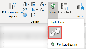 Om du vill infoga ett kartdiagram markerar du en cell i dataområdet och går sedan till Infoga > Diagram > Kartor > väljer ikonen Fylld karta.
