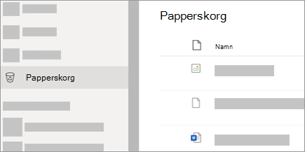 En skärmbild som visar fliken Papperskorgen på OneDrive.com.