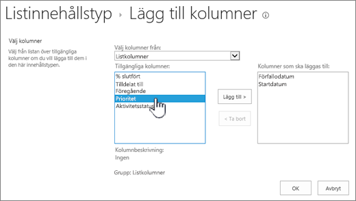 Sidan Lägg till kolumner med en tillgänglig kolumn markerad