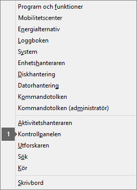 Lista med alternativ och kommandon som visas när du trycker på Windows-tangenten X