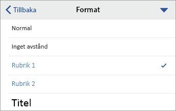 Dialogrutan Formatmallar med Rubrik 1 markerad.