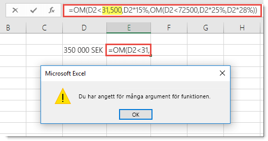 Excel-meddelande när du lägger till kommatecken i ett värde
