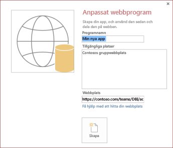 Den nya dialogrutan Anpassat webbprogram som visar Contosos gruppwebbplats i rutan Tillgängliga platser.