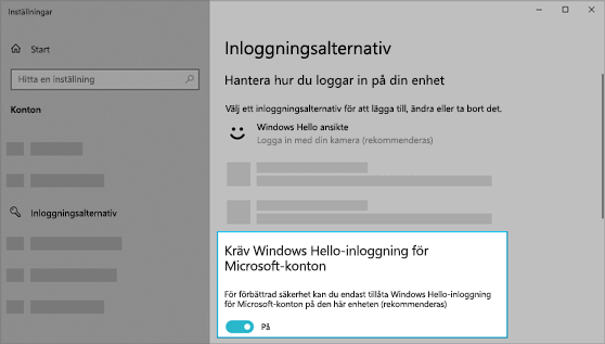 Alternativet att använda Windows Hello för att logga in på Microsoft-konton är aktiverat.