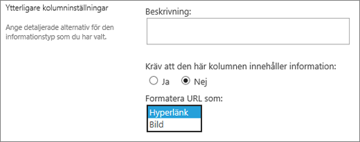 Alternativ för kolumnen Bild/Hyperlänk