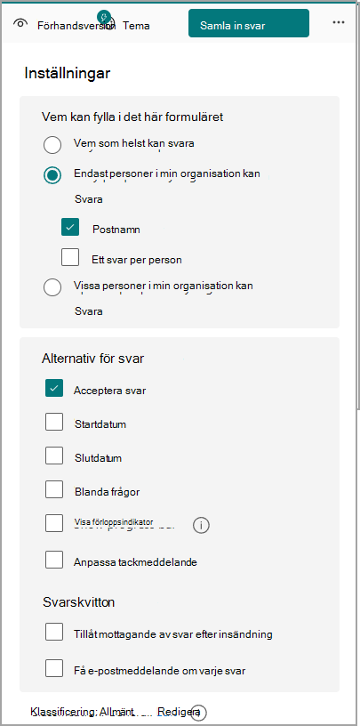 Listrutan Samla in svarsinställningar