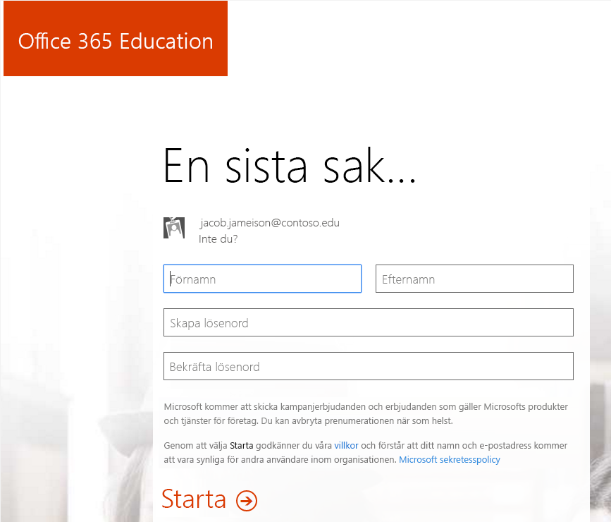 Skärmbild av sidan för att skapa lösenord under Office 365-registreringen.