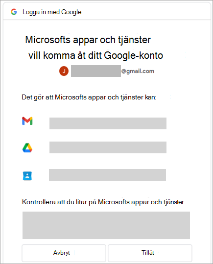 Skärmbild som visar fönstret Behörigheter för Google-konto