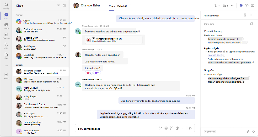 AI-genererade anteckningar uppdaterade i en Teams-chatt