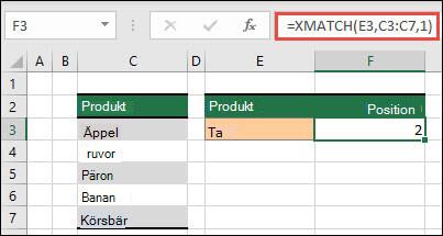 En Excel-tabell med olika fruktprodukter från cell C3 till C7. XMATCHNINGsformeln används för att hitta den position i tabellen där texten matchar "gra" (definierad i cell E3). Formeln returnerar "2" eftersom texten "Druva" är på plats två i tabellen.