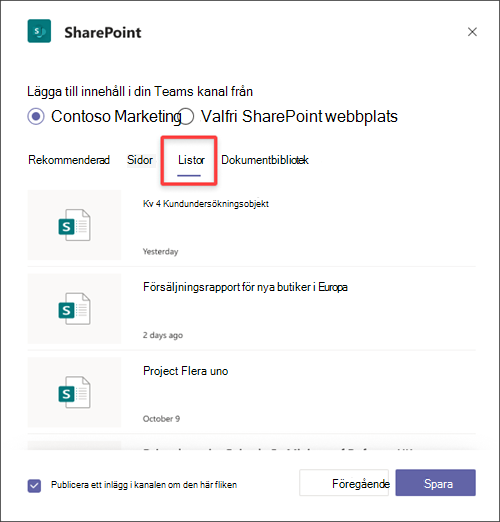 Lägg till SharePoint lista som en flik i Teams.