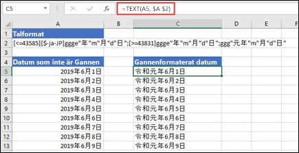 Bild av hur det gannen-format tillämpas med funktionen TEXT: =TEXT(A1,$B$2) där B2 finns i strängen Gannen-format.