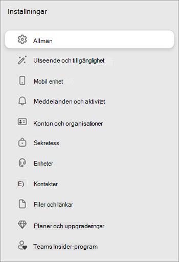 Lista över inställningsalternativ med ikoner och namn