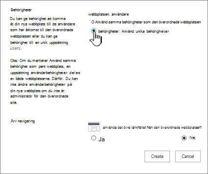 Skärmen Lägg till företags-wiki med unika behörigheter markerade