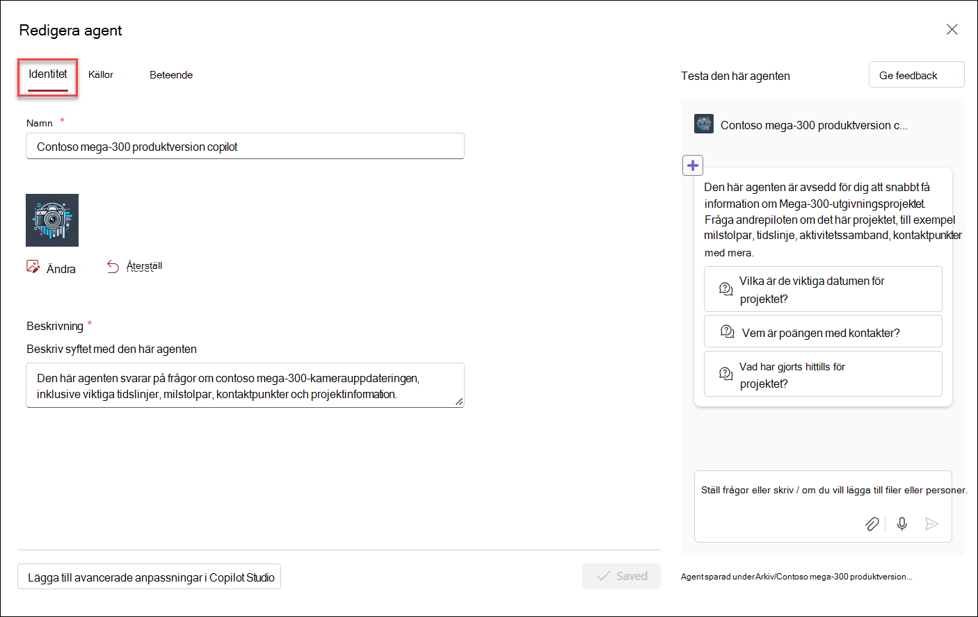 skärmbild av startgränssnittet för att redigera en copilot-agent