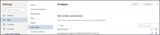 En skärmbild visar Betrodda avsändare i inställningar för Skräppost i e-post i Inställningar för Outlook.com.