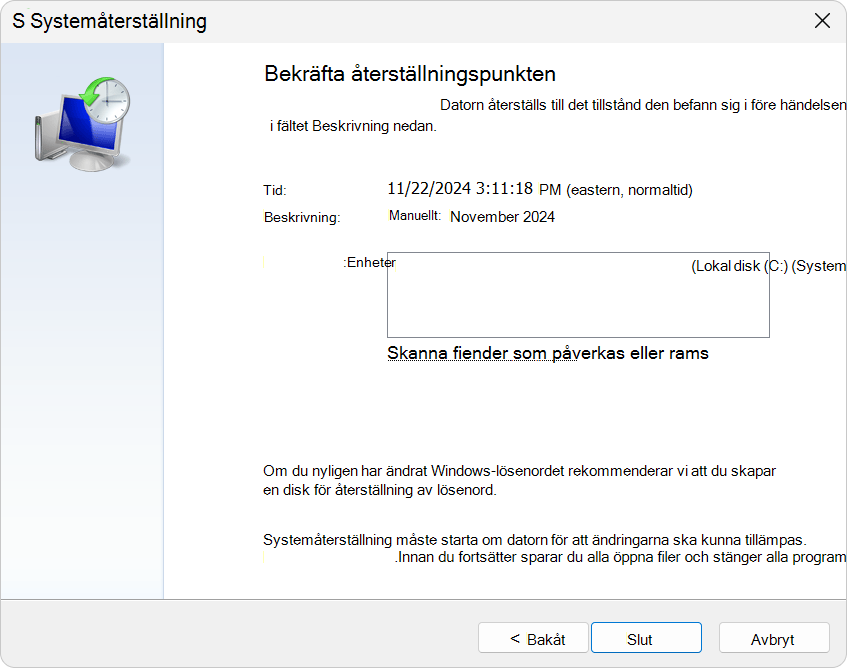 Skärmbild av Systemåterställning.