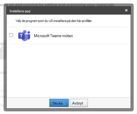 Skärmbild av Schoology-kursen med modalen Installera app som visar alternativet Möten i Microsoft Teams.