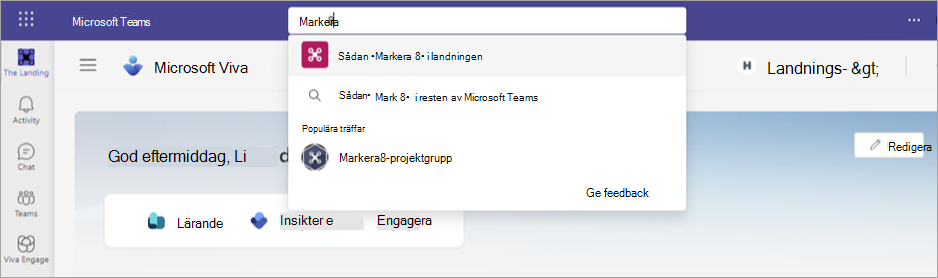 Skärmbild som visar begränsad sökning i Viva Connections för Microsoft Teams