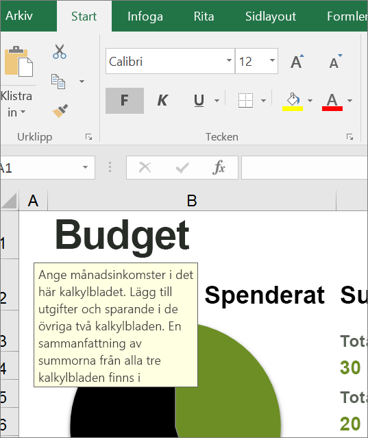 Skärmbild av användargränssnittet i Excel med instruktioner