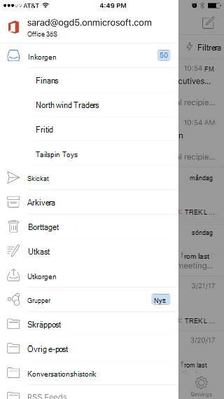 Visar Outlook-appen med Inkorgen överst i listan och alternativet Grupper längre ned i listan.