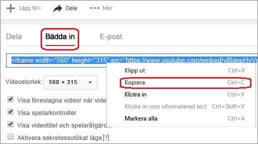 Kopiera den iFrame-inbäddade koden