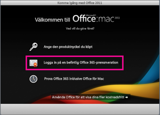 Office för Mac, heminstallationssida där du loggar in till en befintlig Office 365-prenumeration.