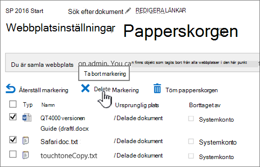 SharePoint 2016, sidan Papperskorg, knappen Ta bort