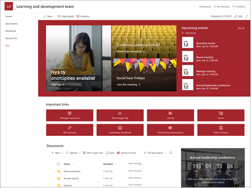 Skärmbild av förhandsversionen av webbplatsmallen för lednings- och utvecklingsteam
