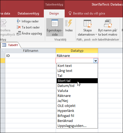 Skärmbild av listan med datatyper i en Access-tabell. Stort tal markeras.